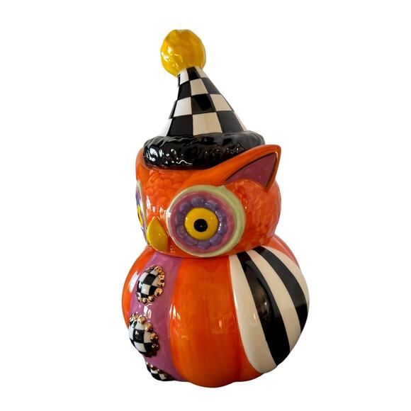Mackenzie Childs Trick or Treat Owl Stacked Candy Dish Ceramic Orange Check New - Picture 5 of 10